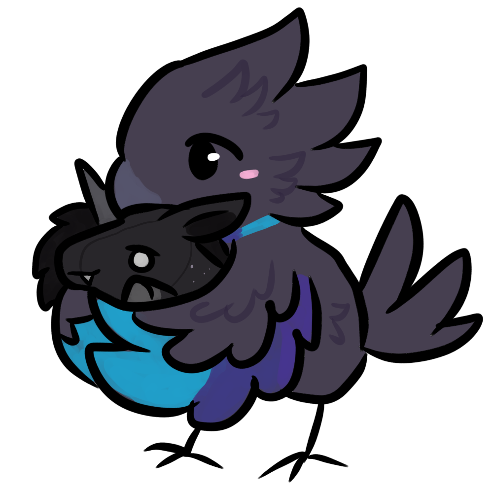 A chibi raven plushie hugging a friend